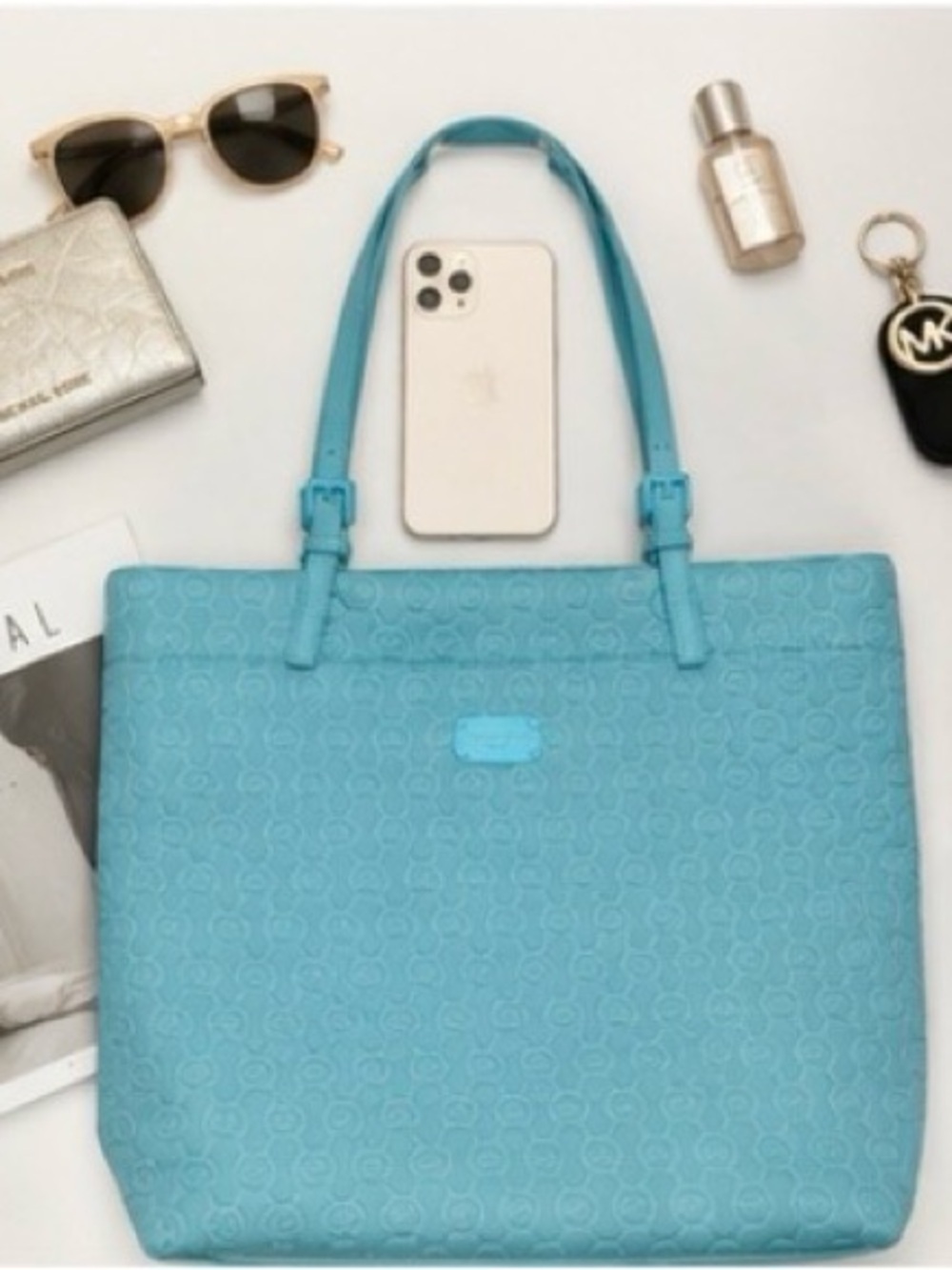 Michael Kors Turquoise Neoprene Tote with Patent Straps